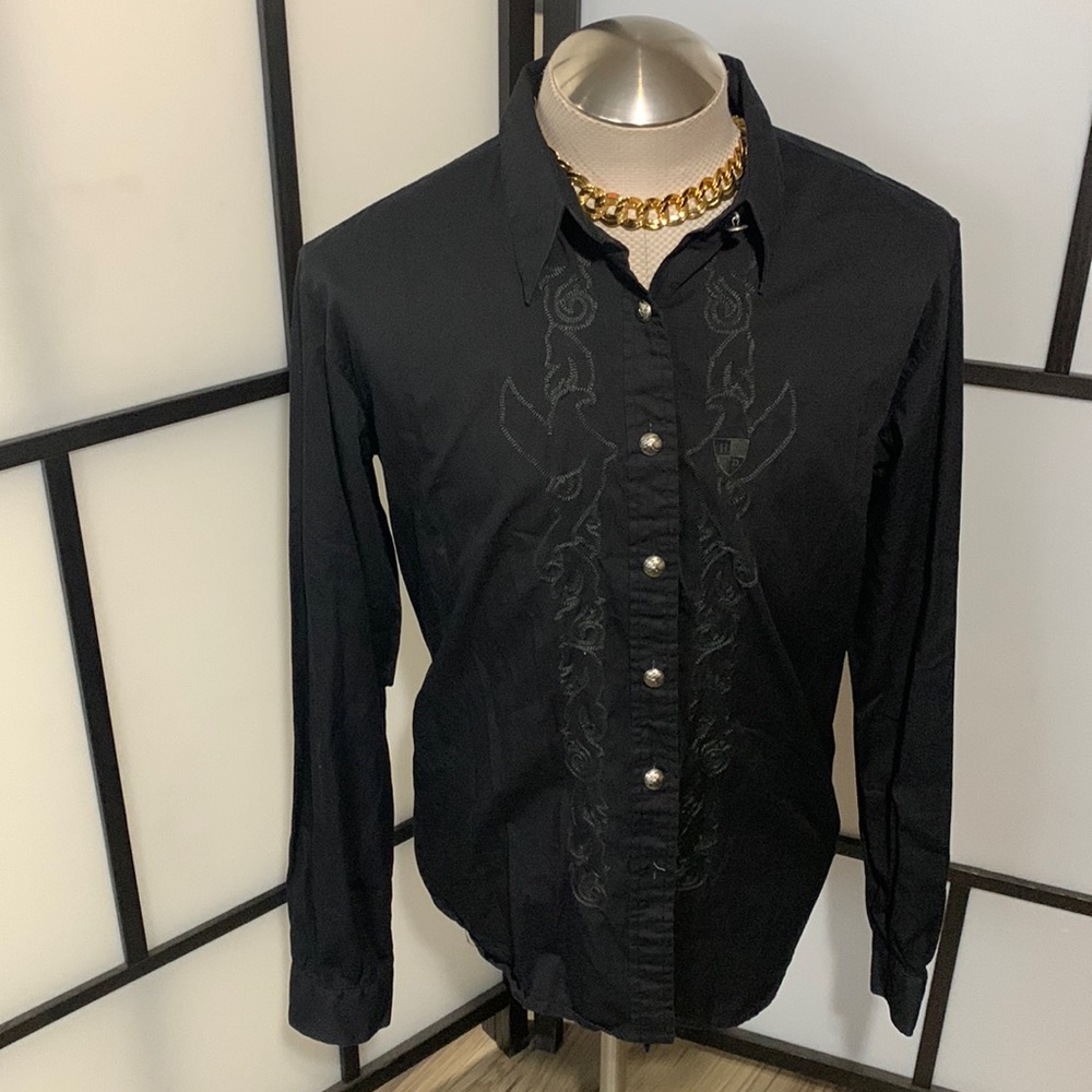 Harley Davidson Women's X-Large Black Button Up with Design Front N12